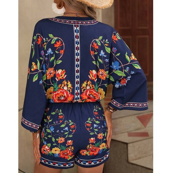 floral print kimono sleeve v neck romper navy blue - Picture 2 of 2